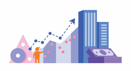 Obraz premium Business growth concept with rising graph, cityscape, and money stack, illustrating financial success and economic progress.