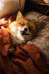 Fototapeta premium Red fox sleeping soundly in a cozy bed, smiling with happy expression. Concept of comfort, relaxation, sweet dreams, pet care, wildlife at home.