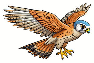 Fototapeta premium Falcon in flight alighting gracefully lone bird isolated on white backdrop species Lesser Kestrel Falco naumanni detailed wings wildlife stock photography