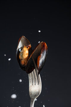 Gourmet mussel on a fork with dark background