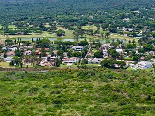Obraz premium aerial view of the urbanisation and nature around the golf course of Sotogrande, Cadiz, Costa del Sol, Andalusia, Spain