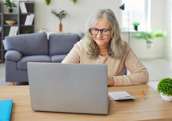 Senior old woman sitting at desk looking at laptop screen working or learning, calculating at home...