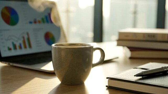Coffee Break at the Desk: A steaming cup of coffee sits amidst a workspace. A laptop displays financial charts and reports, a notebook, and a pen alongside a stack of books.