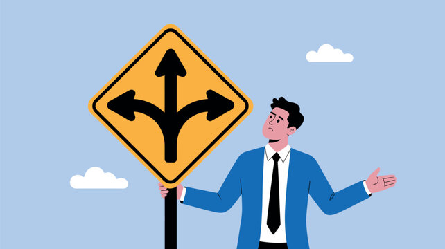 A confused businessman stands beside a road sign with multiple arrows, symbolizing uncertainty and decision-making in a professional setting.