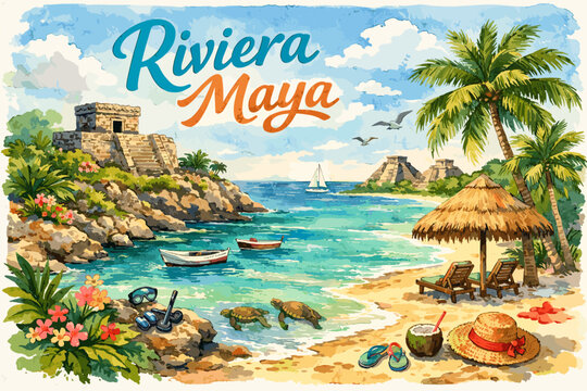Riviera Maya tropical beach illustration with turquoise sea, palm trees and coastal landscape