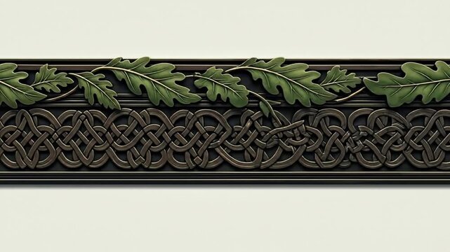 Intricate celtic design featuring oak leaves and patterns.
