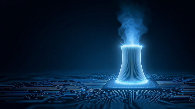 Digital Nuclear Power Plant Cooling Tower Glowing on High-Tech Blue Circuit Board for Green Energy and AI Data Center Power Concept