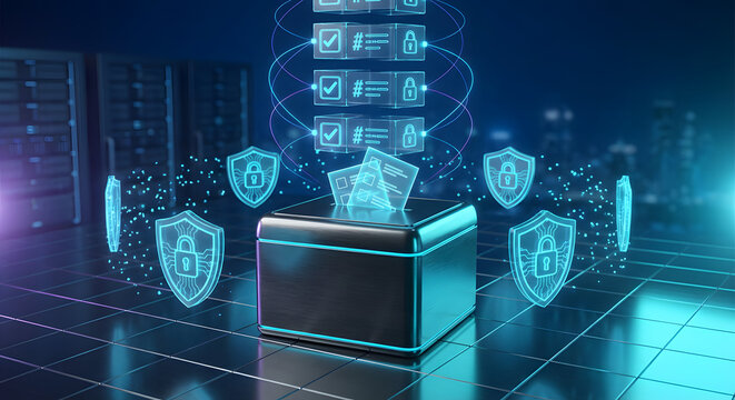 secure digital voting system with glowing blue ballot box and transparent shields for electronic election privacy data protection and encrypted government voting technology