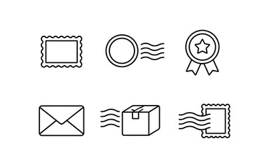 Collection of postal service icons including stamps, envelope, package, and award