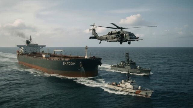 Military helicopter hovering over large oil tanker and escort ships. Naval security operation with coast guard vessel in open sea. Panning and tilting camera movement.