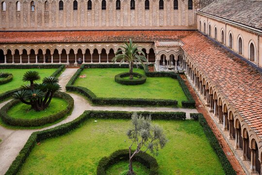 The magnificent Benedictine Cloister in Monreale near Palermo is part of the Cathedral of Monreale.