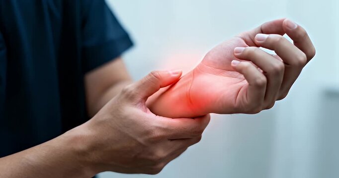 Person experiencing wrist pain, holding their hand with a red glow indicating discomfort or injury.
