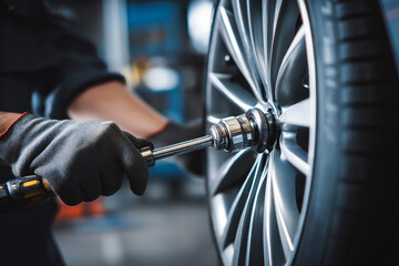 A mechanic is using a torque wrench, carefully tightening lug nuts on a car's wheel with precision
