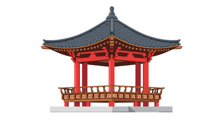 Fototapeta premium Vibrant traditional red wooden gazebo with a dark tiled roof, ornate golden accents, and an elaborate railing, inviting