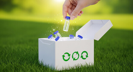 Bo&icirc;te de recyclage avec fioles symbolisant la durabilit&eacute;