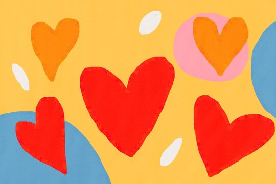 Colorful minimalist hearts illustration on yellow background