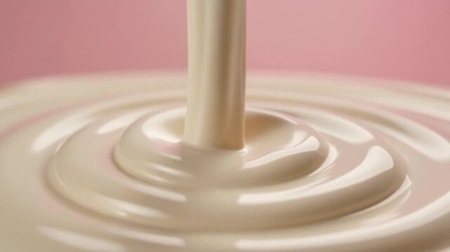 Close up pouring creamy condensed milk swirl on pink background