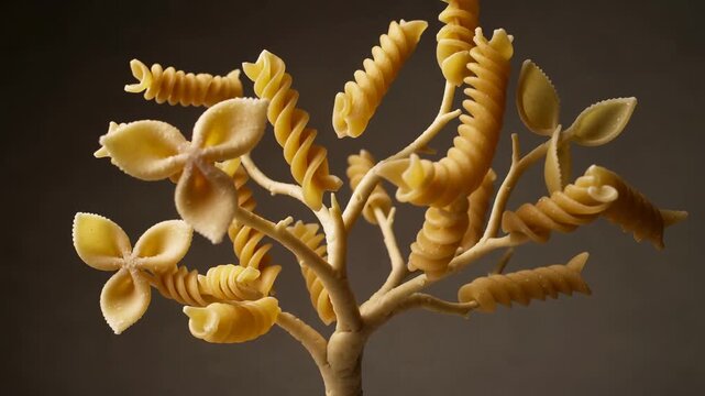 Pasta tree growing and blooming with fusilli and farfalle leaves. Surreal stop motion video of raw dough transforming into plant structure.