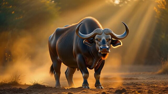 African buffalo walking through golden sunlight and dust