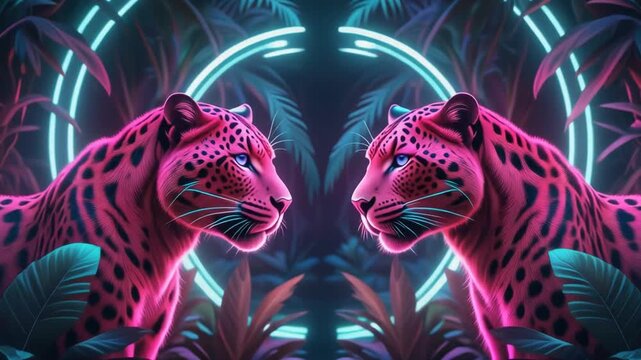 Neon Jungle Jaguars Mirror Symmetry Futuristic Tropical Wildlife Portrait