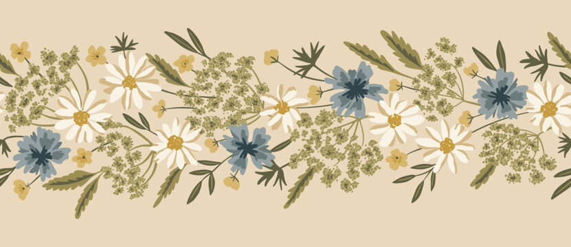 Romantic meadow wildflower vector seamless pattern horizontal border with bachelor buttons, chamomile, Queen Anne's lace. Hand-drawn bouquets. Vintage cottagecore design for farmhouse textiles, rustic