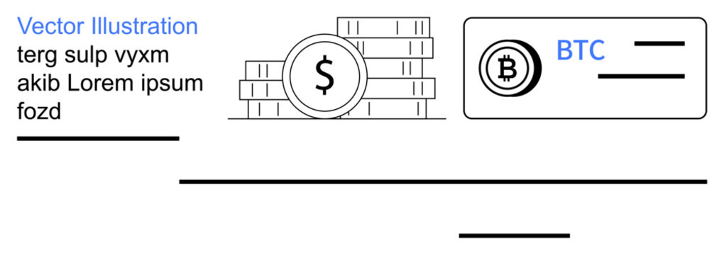 Fintech innovation, online transactions, digital wallets, blockchain economy, money management, payment systems. Stack of coins, dollar bitcoin symbol payment card. Fintech innovation and online