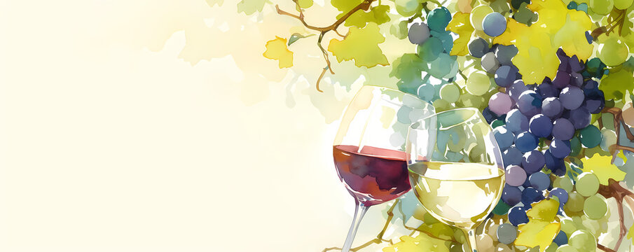 Watercolor wine banner with glass of white and red wine and fresh grapes. Artistic vine theme for winery promotion, restaurant decor. Banner with copy space