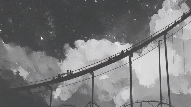 A grayscale painting of a rollercoaster ascending into a cloudy sky at night