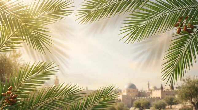 Holy Land religious background with green palm branches and blurred Jerusalem old city view, Palm Sunday and Ramadan concept, AI generated