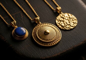 Luxury gold pendants with intricate designs and blue gemstone on leather surface