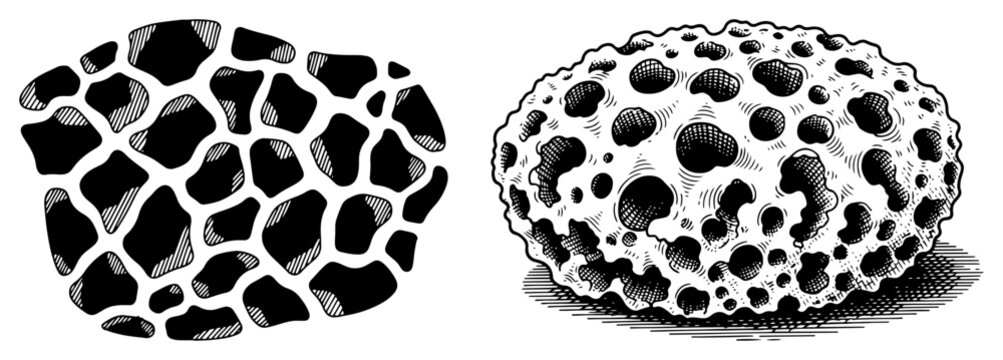 Hand drawn engraving style organic porous sponge shape and patterned spot