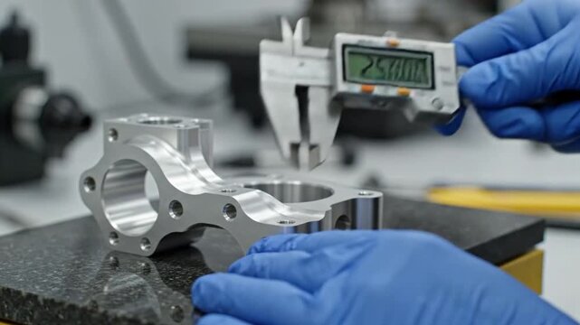 Precision Measurement: A detailed examination of a metallic component, revealing the intricate use of calipers to ensure exact measurements in a controlled environment.