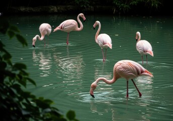 Group of pink flamingos wading in green water with reflections