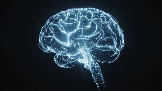 Human brain model with glowing neural networks and synapses. Digital visualization of cognitive processes and artificial intelligence. Panning camera shot.