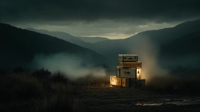 Luggage pile emits glow in an open landscape, shadowed mountains behind, moody and ethereal
