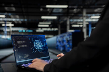 Data center admin using artificial intelligence technology to troubleshoot infrastructure rigs....