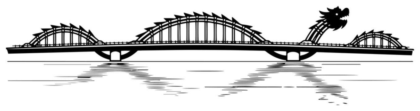 Minimalist black and white illustration of a modern dragon bridge over water