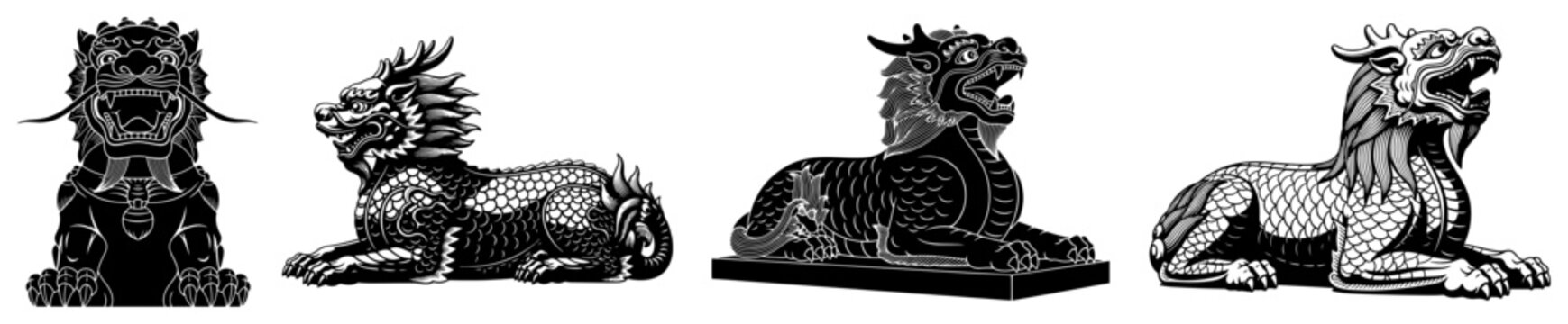 Collection of traditional Asian mythological stone carvings of guardian dragons and qilin