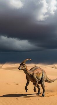 A parasaurolophus walks across a sandy desert landscape. Ominous, dark clouds loom in the sky above, creating a dramatic scene during the day in a prehistoric setting