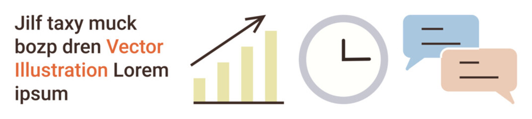 Business strategy, time efficiency, communication, progress tracking, teamwork, growth. Bar graph, clock and speech bubbles are displayed. Business strategy and time efficiency concept