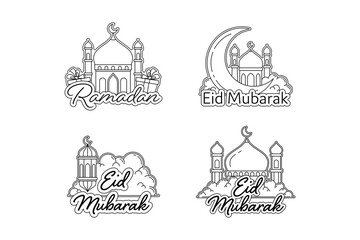 Four Ramadan and Eid Mubarak Outline Illustrations