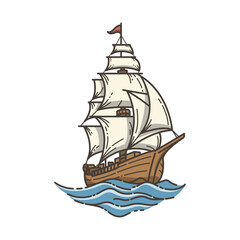 Cartoon Sailing Ship with Full Sails on Ocean Waves