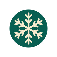 Flat round snow flake icon as a holiday label. Green and white package seal for winter decoration or christmas element adds xmas and snowflake line accent, ideal for festive packaging or seasonal