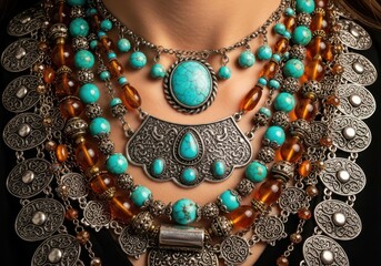 Woman wearing multiple layers of turquoise and silver jewelry on black background