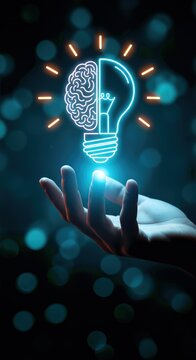 Human hand holding a glowing neon lightbulb icon split with a brain outline, symbolizing innovation and creative thinking in the dark.