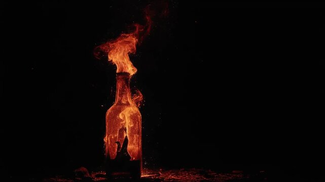 Glowing bottle with flames and embers against a pitch-black background; artistic, fiery effect