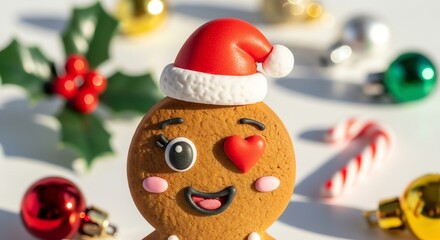 Fototapeta premium Gingerbread man with Santa hat and holiday decorations