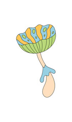 Groovy psychedelic mushroom sticker cartoon in a colorful retro and funky trippy magic style. Groovy element with y2k flair, this mushroom design adds a playful and unique touch. The sticker uses
