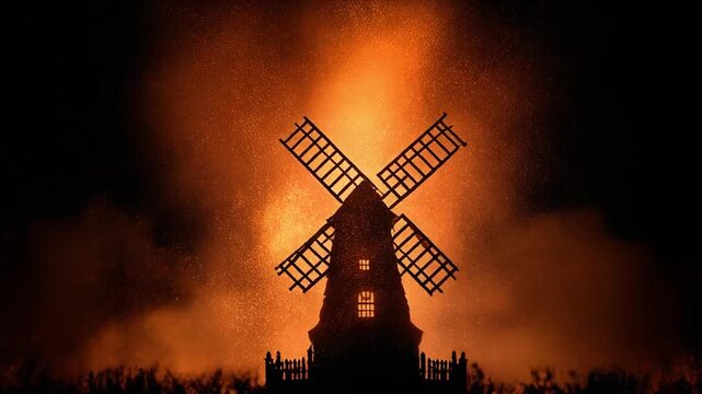 Silhouetted windmill with cross-shaped sails, fire-like background, night landscape, and glowing effect