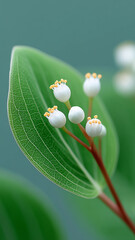 Detailed close-up of small white bell-shaped flower buds on a stem, highlighting the intricate vein pattern of a large green leaf